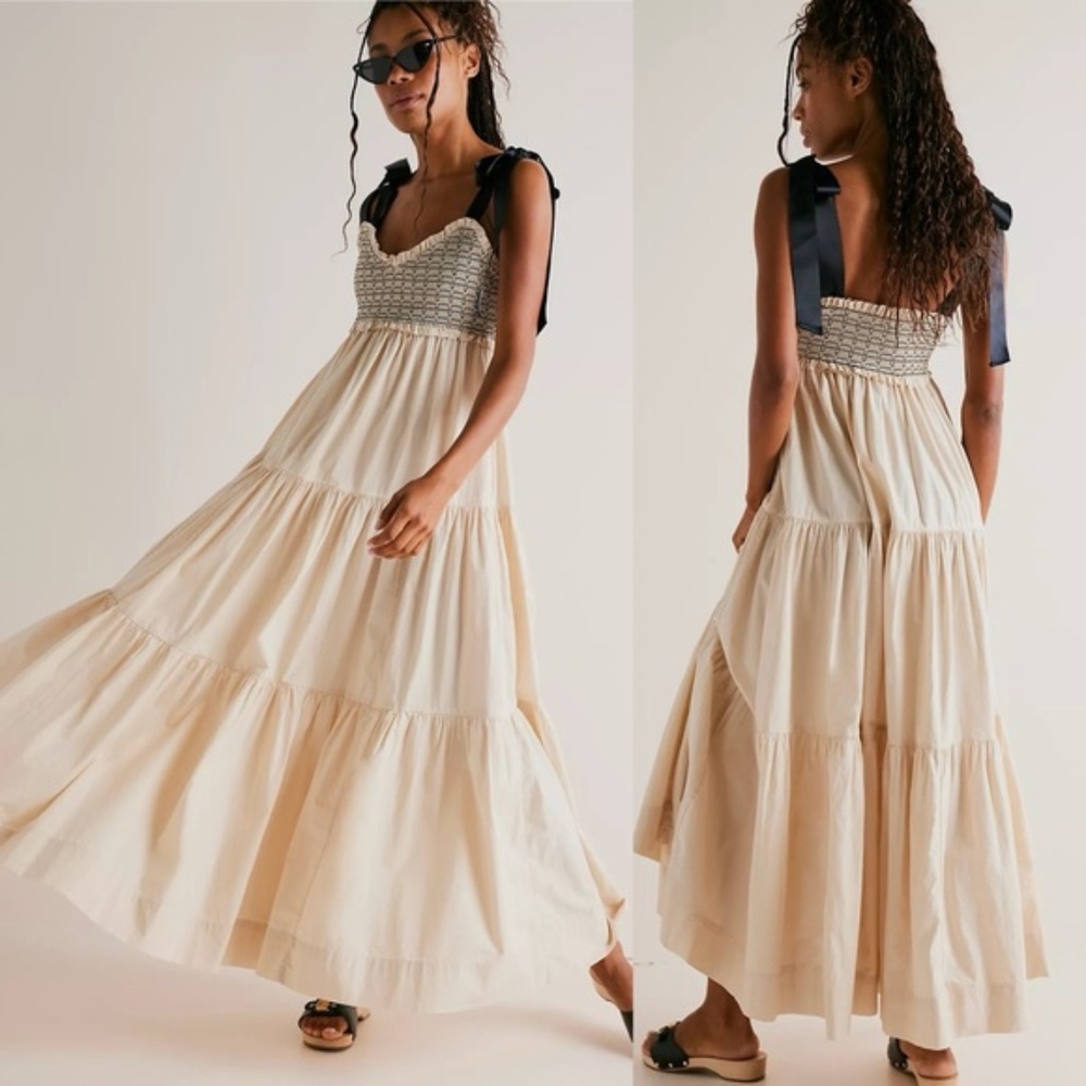 Free People Cream Maxi Dress with Black Ribbon Straps
